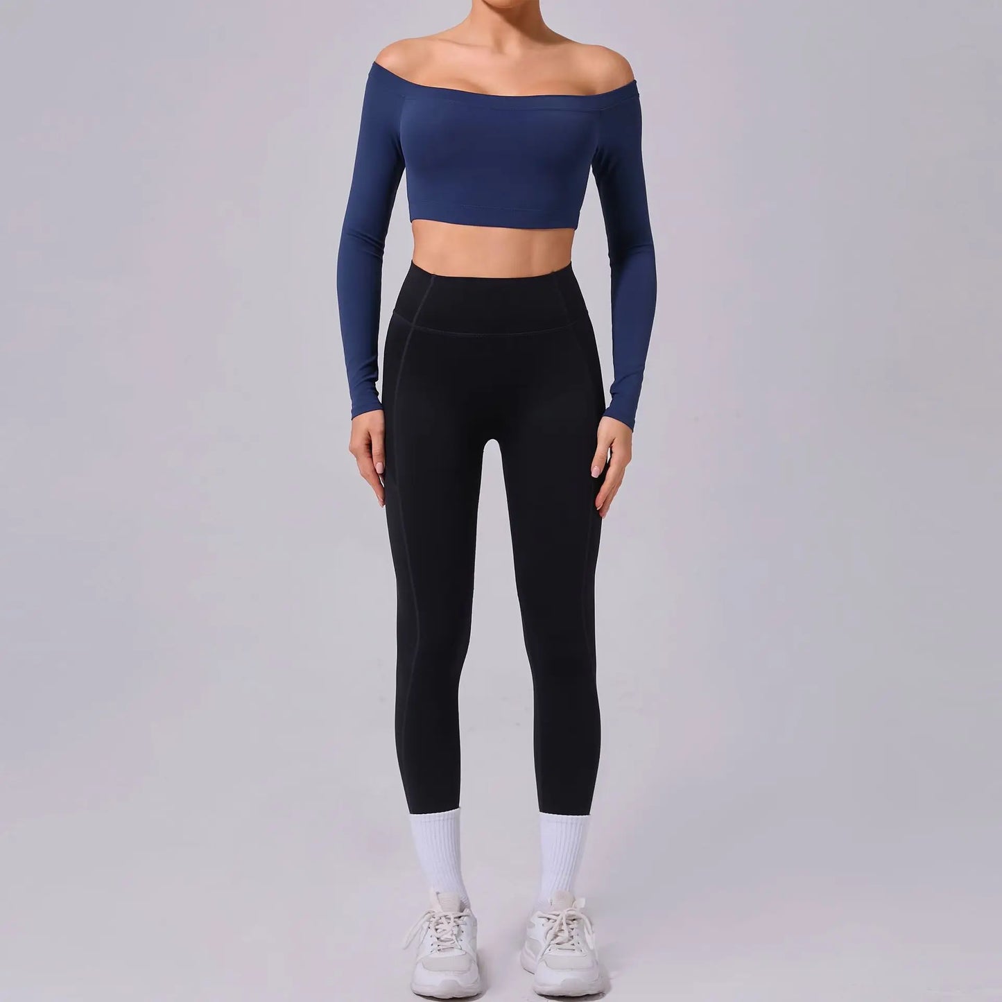 Fashion Long Sleeve Slash Neck Sports Top Women Crop Top for Fitness Yoga Wear Fashion Sports Short T-shirt Gym Workout Shirt