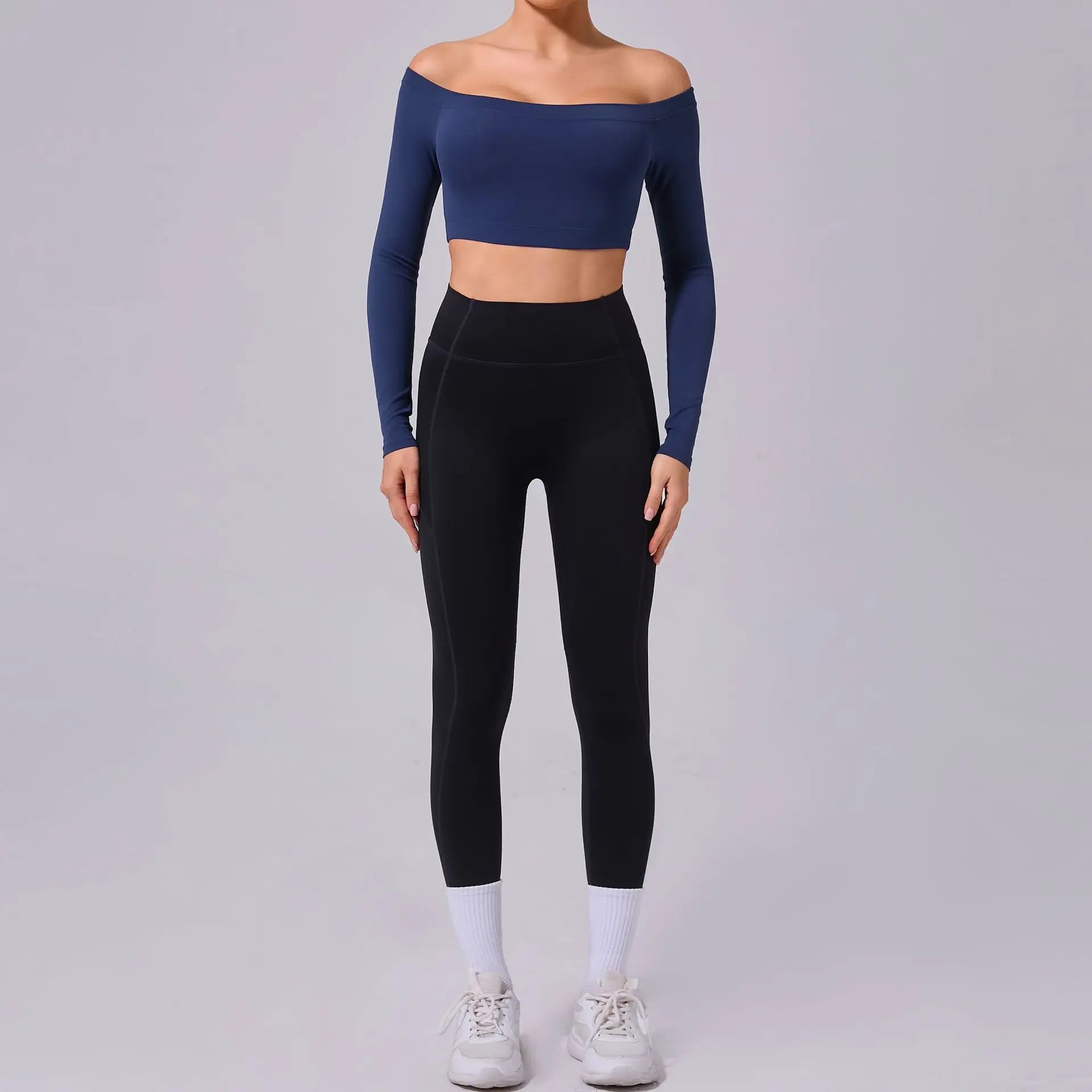 Fashion Long Sleeve Slash Neck Sports Top Women Crop Top for Fitness Yoga Wear Fashion Sports Short T-shirt Gym Workout Shirt