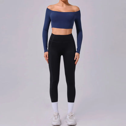 Fashion Long Sleeve Slash Neck Sports Top Women Crop Top for Fitness Yoga Wear Fashion Sports Short T-shirt Gym Workout Shirt