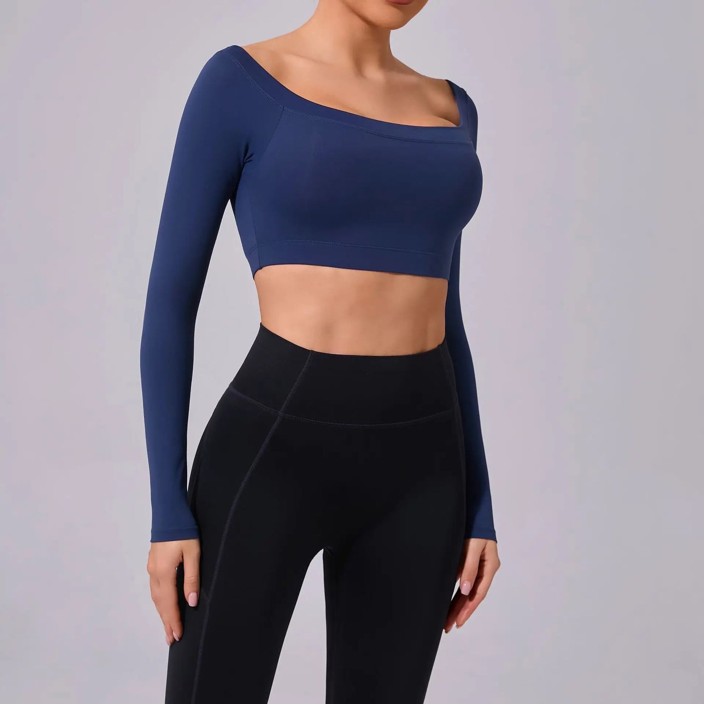 Fashion Long Sleeve Slash Neck Sports Top Women Crop Top for Fitness Yoga Wear Fashion Sports Short T-shirt Gym Workout Shirt