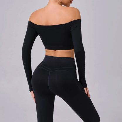 Fashion Long Sleeve Slash Neck Sports Top Women Crop Top for Fitness Yoga Wear Fashion Sports Short T-shirt Gym Workout Shirt