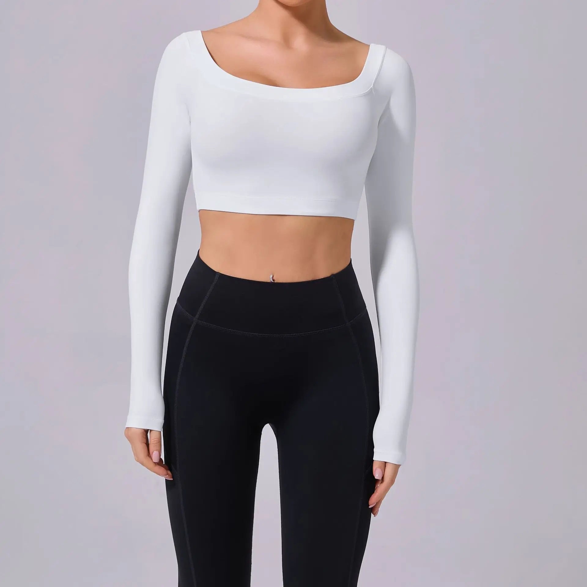 Fashion Long Sleeve Slash Neck Sports Top Women Crop Top for Fitness Yoga Wear Fashion Sports Short T-shirt Gym Workout Shirt