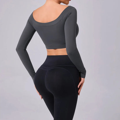 Fashion Long Sleeve Slash Neck Sports Top Women Crop Top for Fitness Yoga Wear Fashion Sports Short T-shirt Gym Workout Shirt