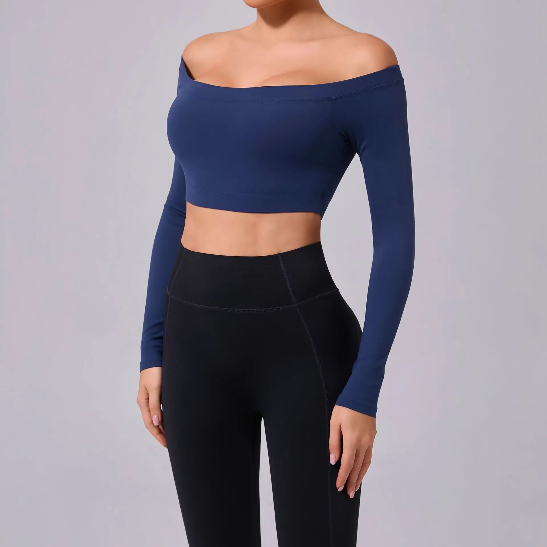 Fashion Long Sleeve Slash Neck Sports Top Women Crop Top for Fitness Yoga Wear Fashion Sports Short T-shirt Gym Workout Shirt