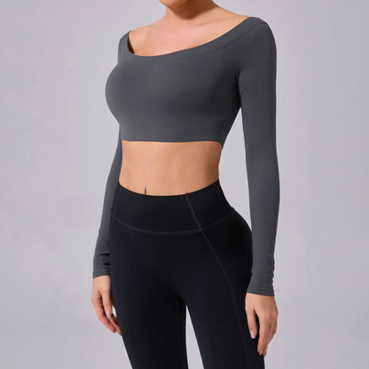 Fashion Long Sleeve Slash Neck Sports Top Women Crop Top for Fitness Yoga Wear Fashion Sports Short T-shirt Gym Workout Shirt