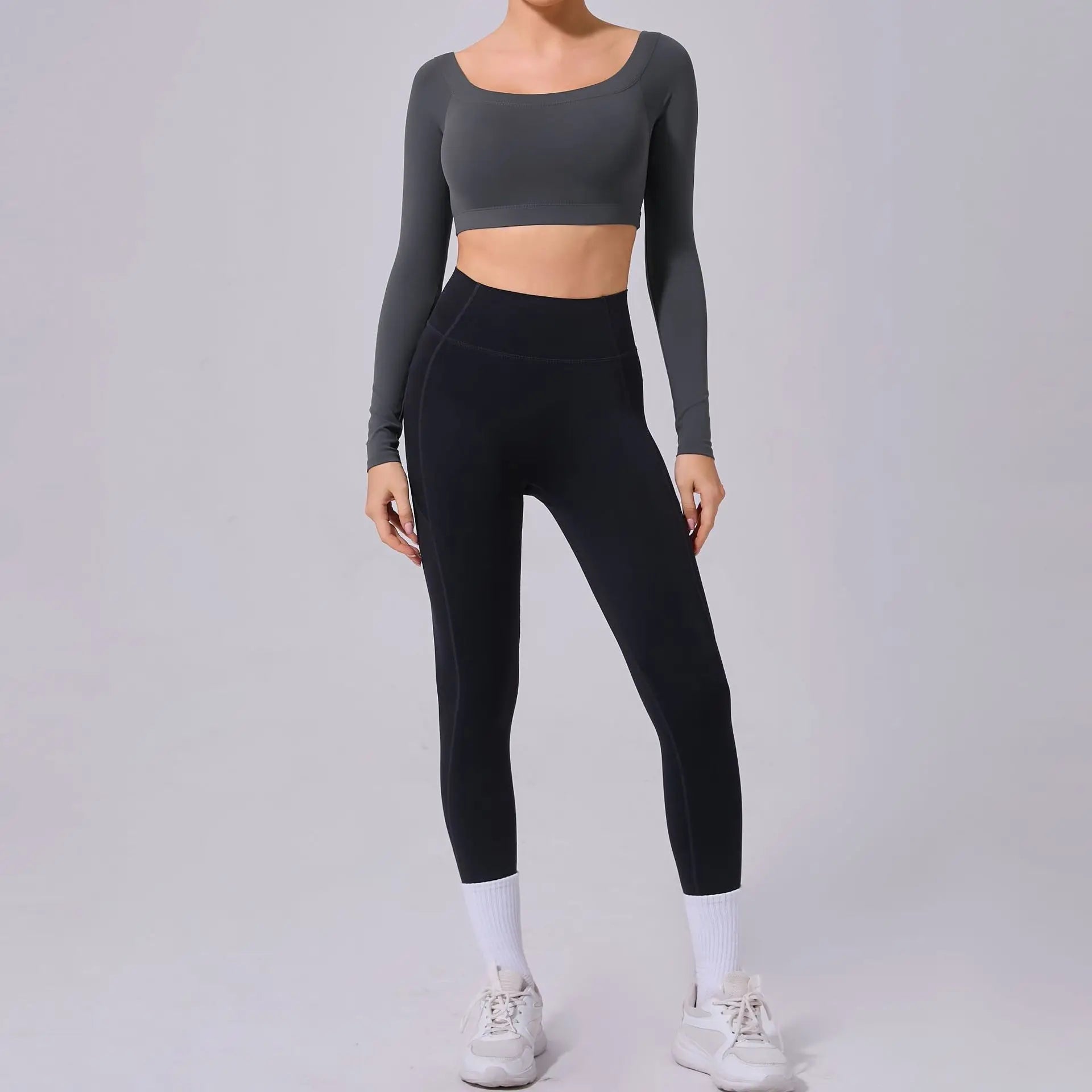 Fashion Long Sleeve Slash Neck Sports Top Women Crop Top for Fitness Yoga Wear Fashion Sports Short T-shirt Gym Workout Shirt