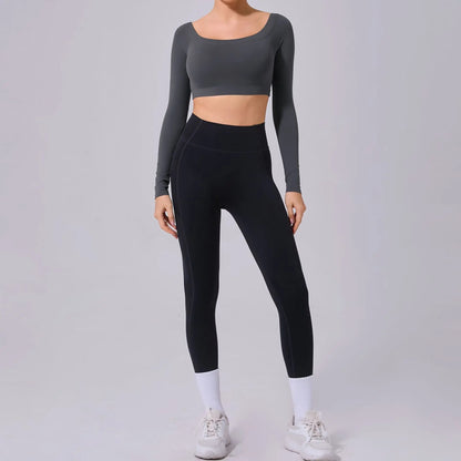 Fashion Long Sleeve Slash Neck Sports Top Women Crop Top for Fitness Yoga Wear Fashion Sports Short T-shirt Gym Workout Shirt
