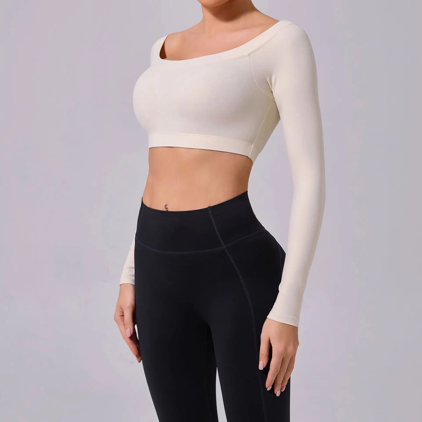 Fashion Long Sleeve Slash Neck Sports Top Women Crop Top for Fitness Yoga Wear Fashion Sports Short T-shirt Gym Workout Shirt