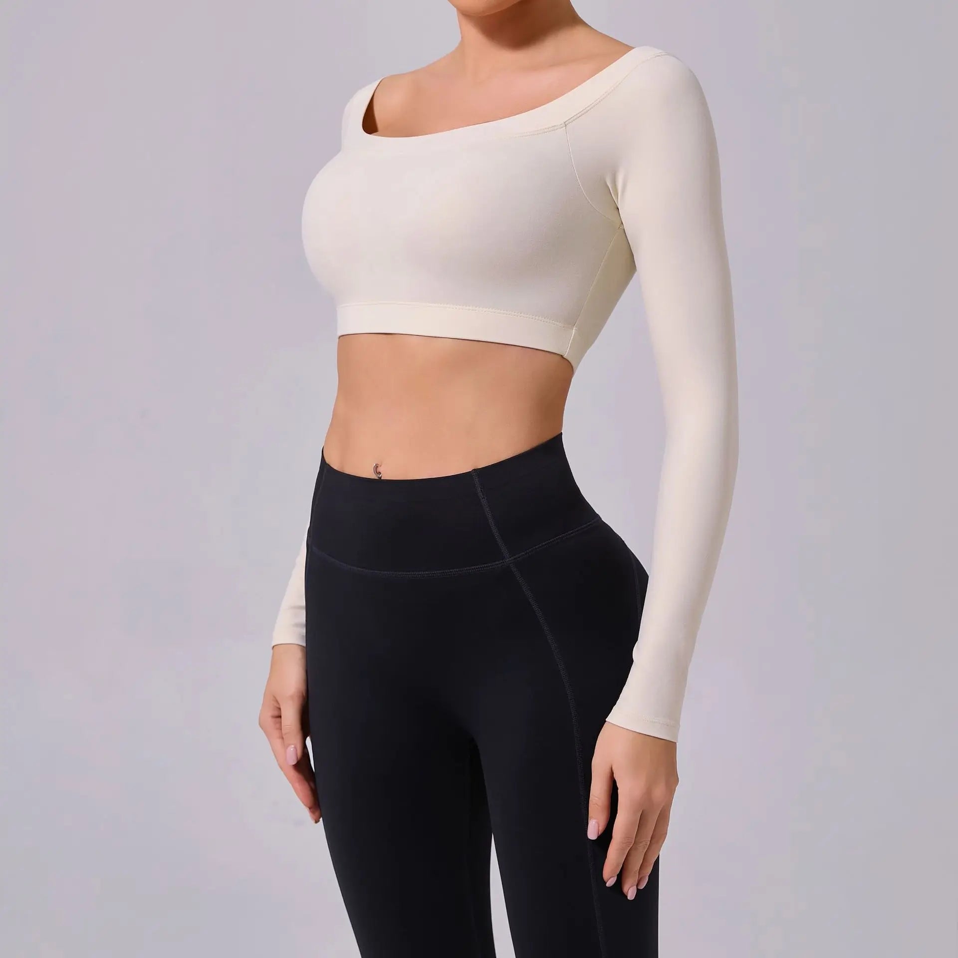 Fashion Long Sleeve Slash Neck Sports Top Women Crop Top for Fitness Yoga Wear Fashion Sports Short T-shirt Gym Workout Shirt