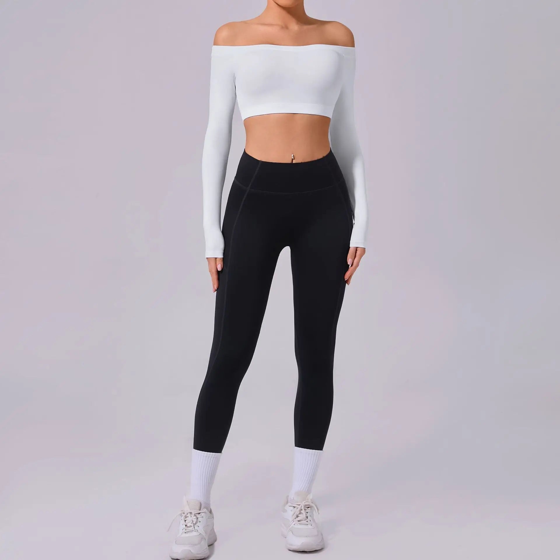 Fashion Long Sleeve Slash Neck Sports Top Women Crop Top for Fitness Yoga Wear Fashion Sports Short T-shirt Gym Workout Shirt