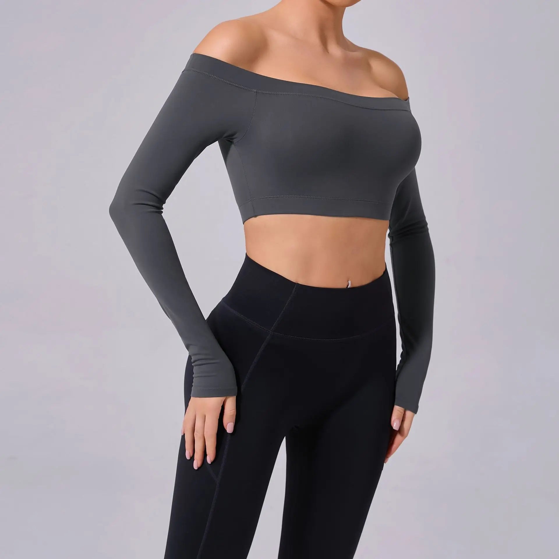 Fashion Long Sleeve Slash Neck Sports Top Women Crop Top for Fitness Yoga Wear Fashion Sports Short T-shirt Gym Workout Shirt