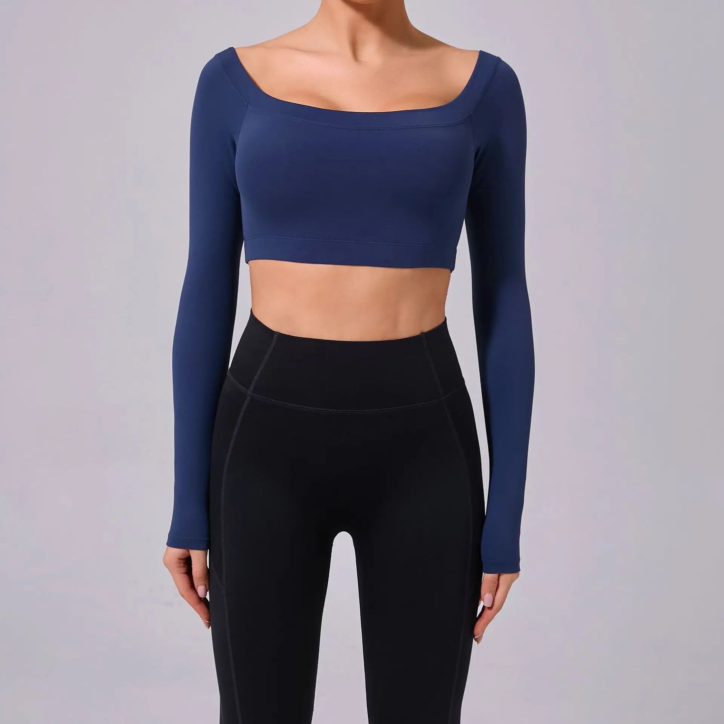 Fashion Long Sleeve Slash Neck Sports Top Women Crop Top for Fitness Yoga Wear Fashion Sports Short T-shirt Gym Workout Shirt