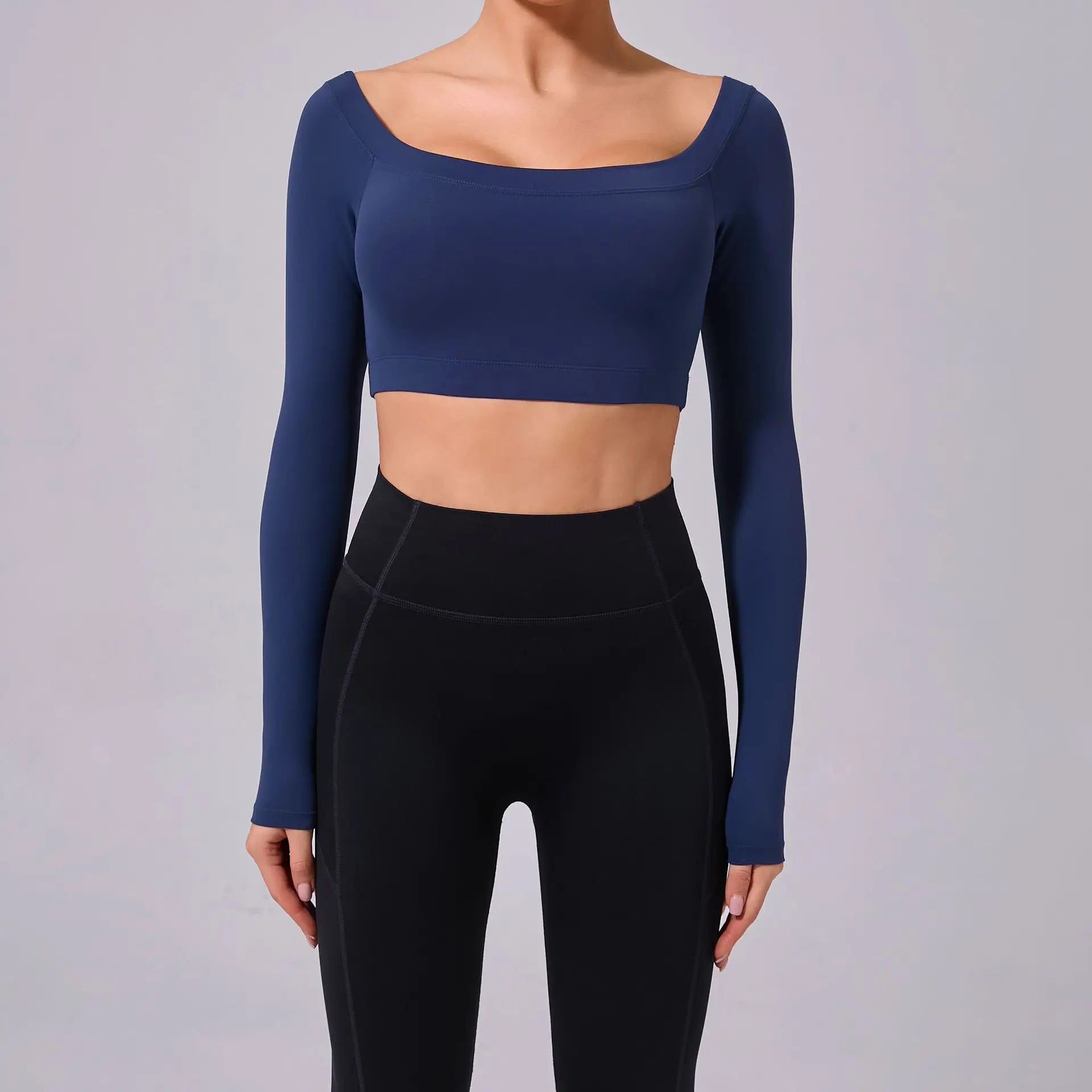 Fashion Long Sleeve Slash Neck Sports Top Women Crop Top for Fitness Yoga Wear Fashion Sports Short T-shirt Gym Workout Shirt