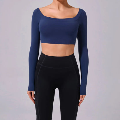Fashion Long Sleeve Slash Neck Sports Top Women Crop Top for Fitness Yoga Wear Fashion Sports Short T-shirt Gym Workout Shirt