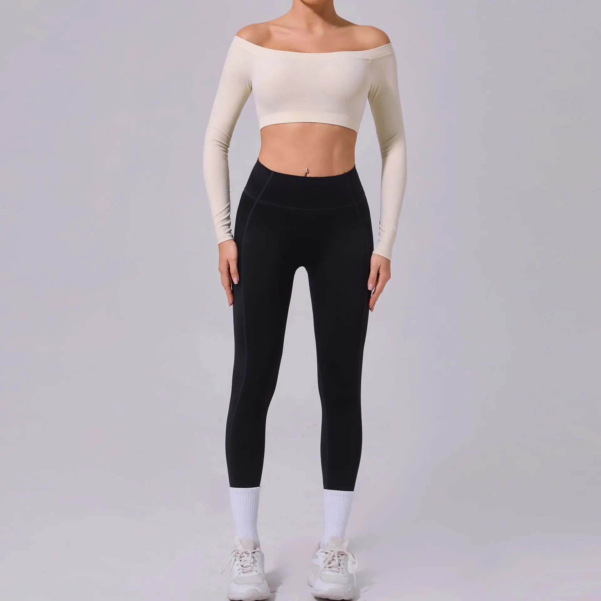 Fashion Long Sleeve Slash Neck Sports Top Women Crop Top for Fitness Yoga Wear Fashion Sports Short T-shirt Gym Workout Shirt