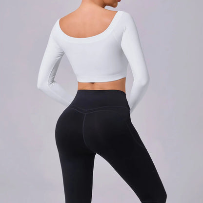 Fashion Long Sleeve Slash Neck Sports Top Women Crop Top for Fitness Yoga Wear Fashion Sports Short T-shirt Gym Workout Shirt