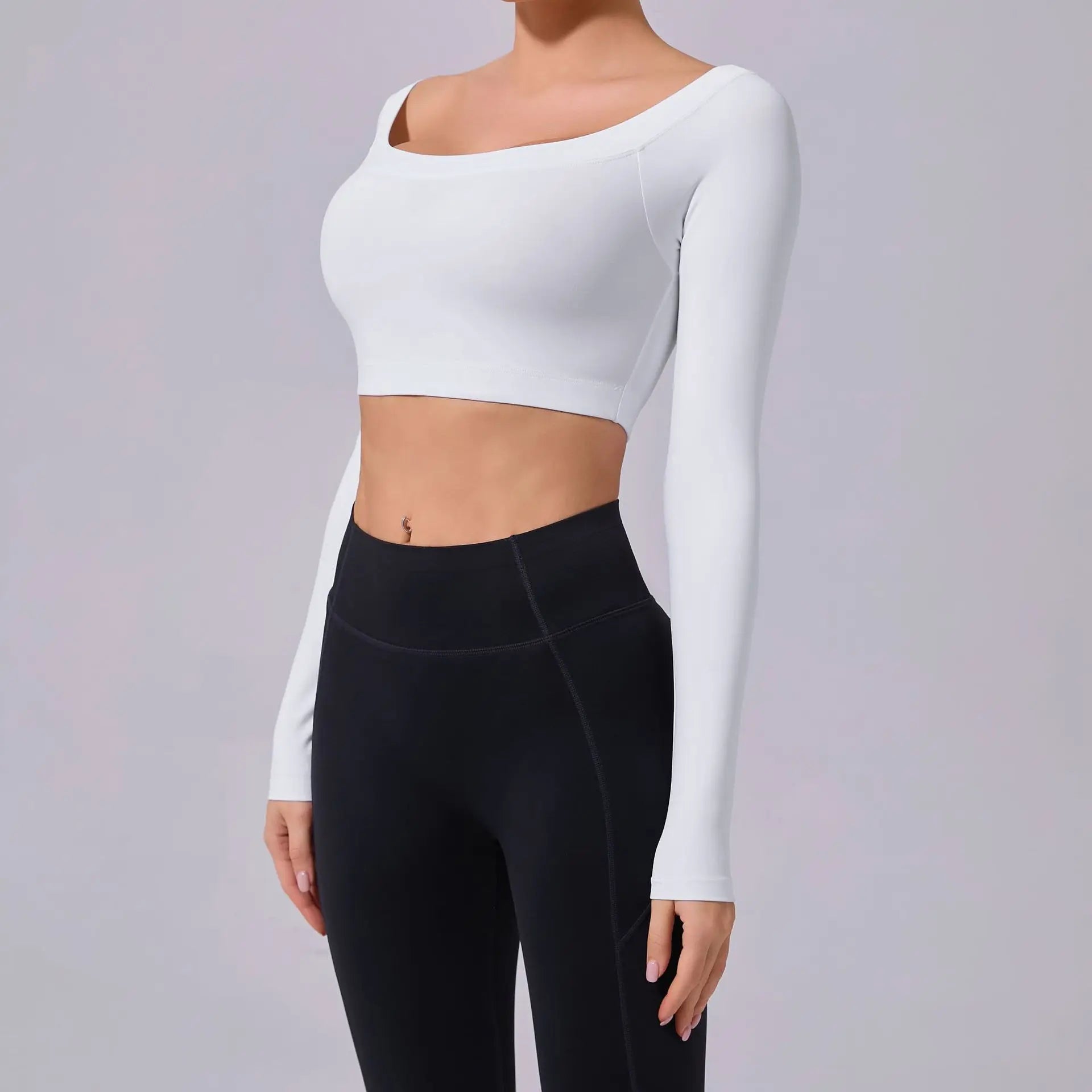 Fashion Long Sleeve Slash Neck Sports Top Women Crop Top for Fitness Yoga Wear Fashion Sports Short T-shirt Gym Workout Shirt