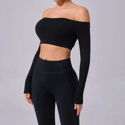 Fashion Long Sleeve Slash Neck Sports Top Women Crop Top for Fitness Yoga Wear Fashion Sports Short T-shirt Gym Workout Shirt