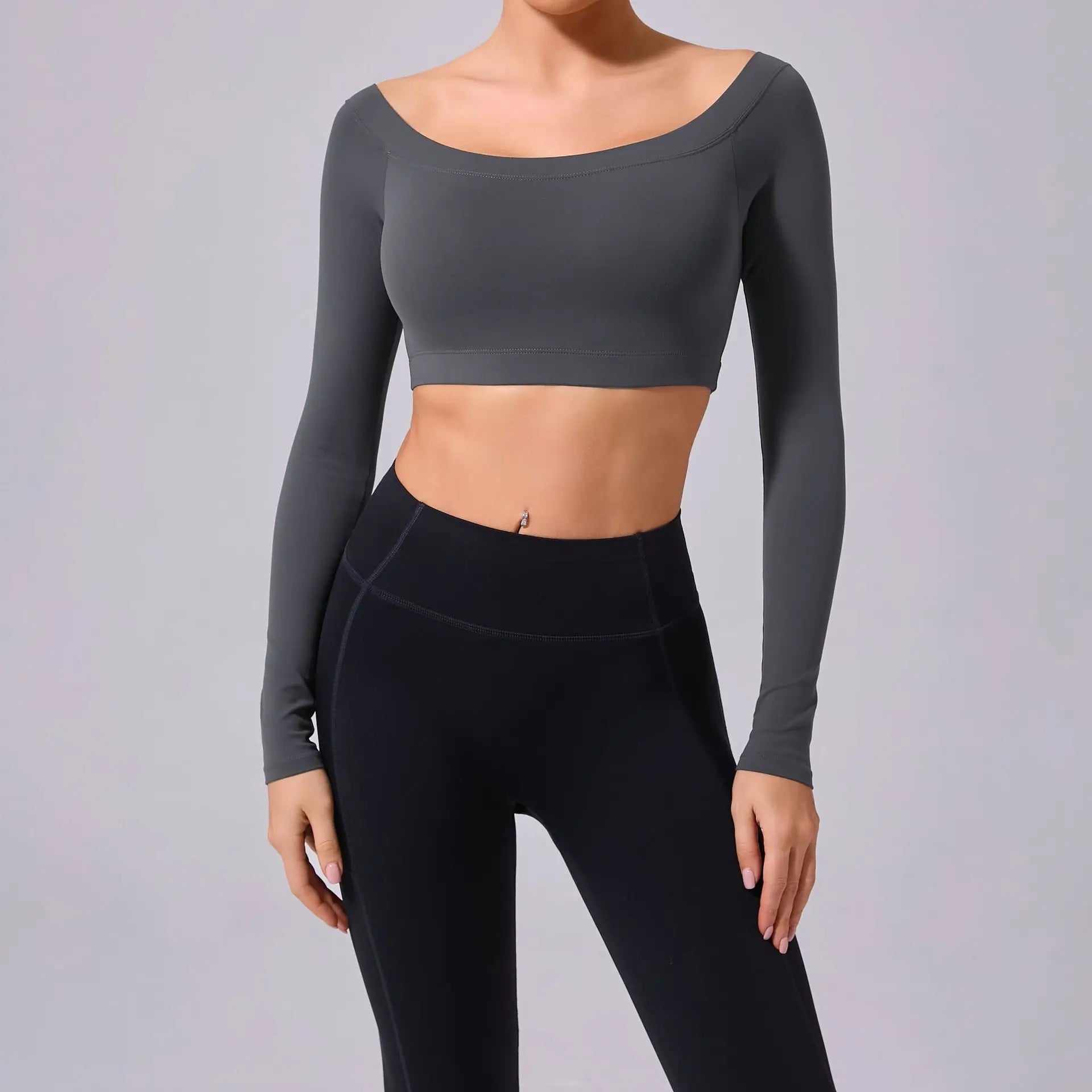 Fashion Long Sleeve Slash Neck Sports Top Women Crop Top for Fitness Yoga Wear Fashion Sports Short T-shirt Gym Workout Shirt