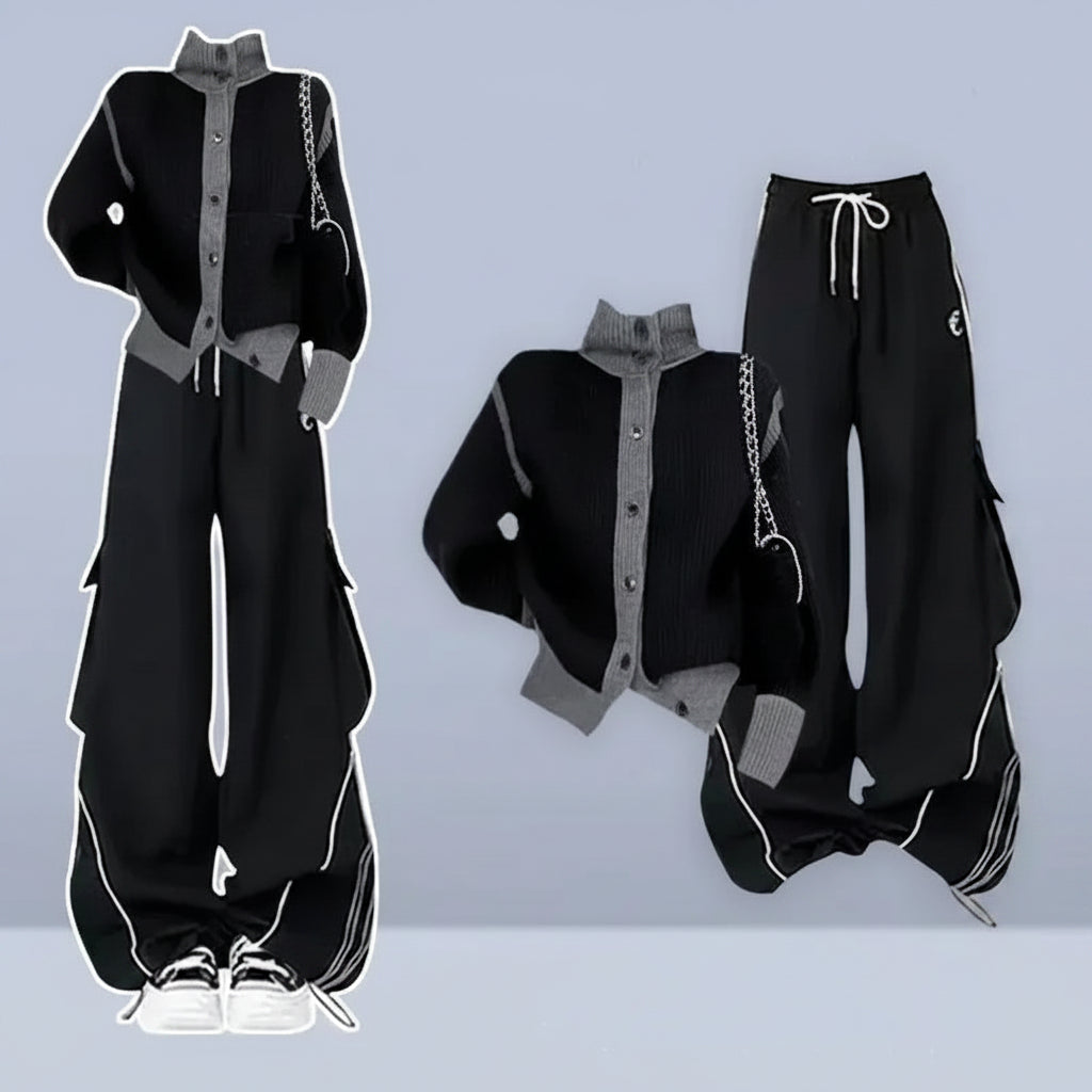 French Casual and Fashionable Women's Set, Spring and Autumn New Style, Black Sweater+slimming Pants Two-piece Set