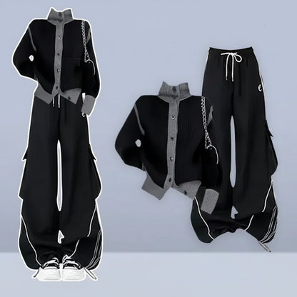 French Casual and Fashionable Women's Set, Spring and Autumn New Style, Black Sweater+slimming Pants Two-piece Set