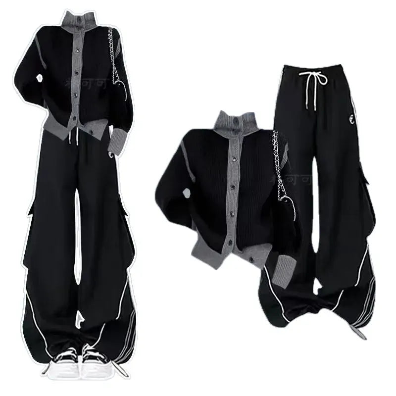 French Casual and Fashionable Women's Set, Spring and Autumn New Style, Black Sweater+slimming Pants Two-piece Set