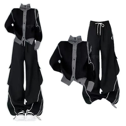 French Casual and Fashionable Women's Set, Spring and Autumn New Style, Black Sweater+slimming Pants Two-piece Set