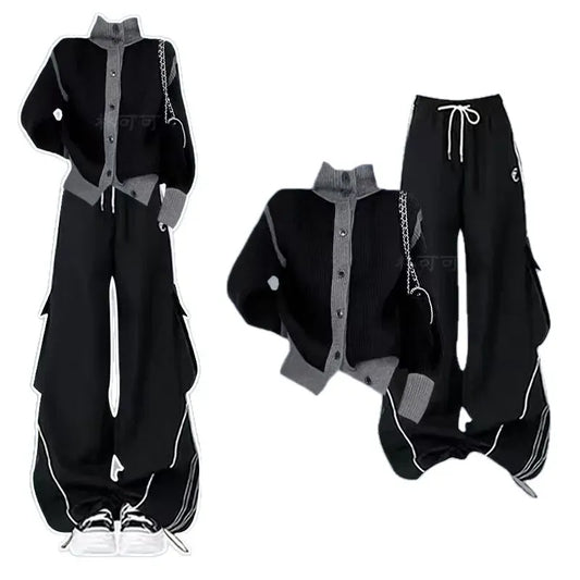 French Casual and Fashionable Women's Set, Spring and Autumn New Style, Black Sweater+slimming Pants Two-piece Set