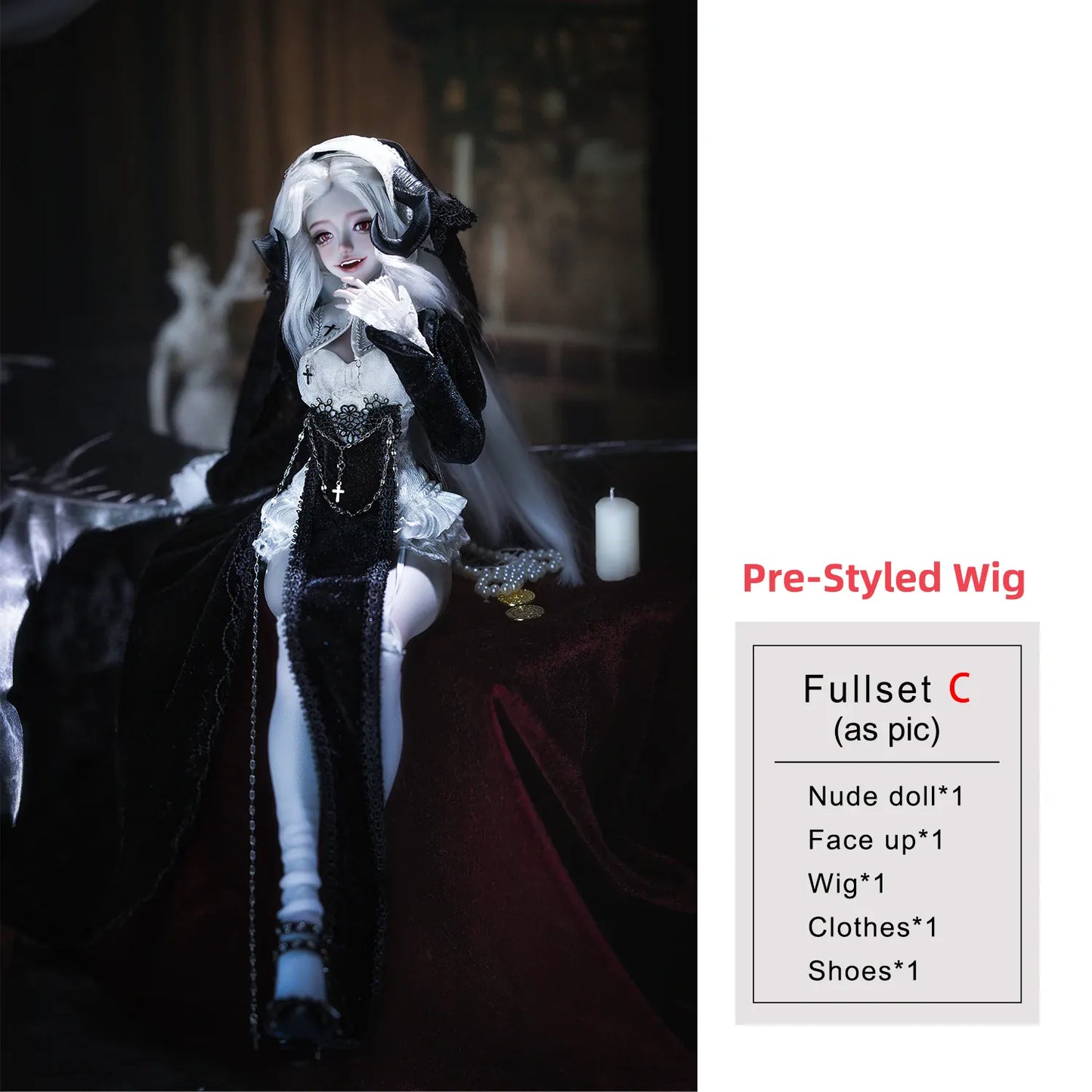 Fullset C  Wig BJD Doll 1/4 Cassandra Fullset C Bariy Big Chest Body Demon Goat Horn Nun Satanic Evil Theme Resin Figure Shugafairy
