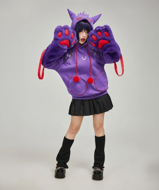 Gengar Ghost Gothic Paw Hoodie / Purple Hoodie with Ears and Tail