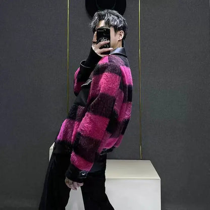 Gmiixder Y2K Punk Streetwear Jacket Women Men Green Checkered Fleece Coat Rivet Decor Spliced Leather Sleeve Hip Hop Jacket