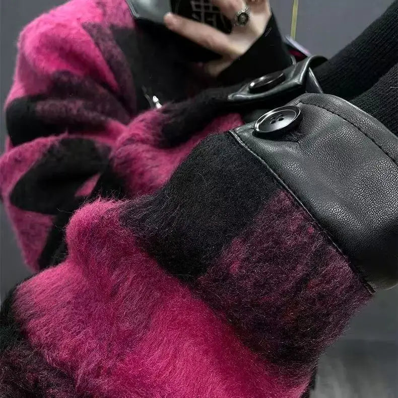 Gmiixder Y2K Punk Streetwear Jacket Women Men Green Checkered Fleece Coat Rivet Decor Spliced Leather Sleeve Hip Hop Jacket