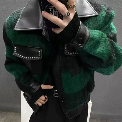 Gmiixder Y2K Punk Streetwear Jacket Women Men Green Checkered Fleece Coat Rivet Decor Spliced Leather Sleeve Hip Hop Jacket