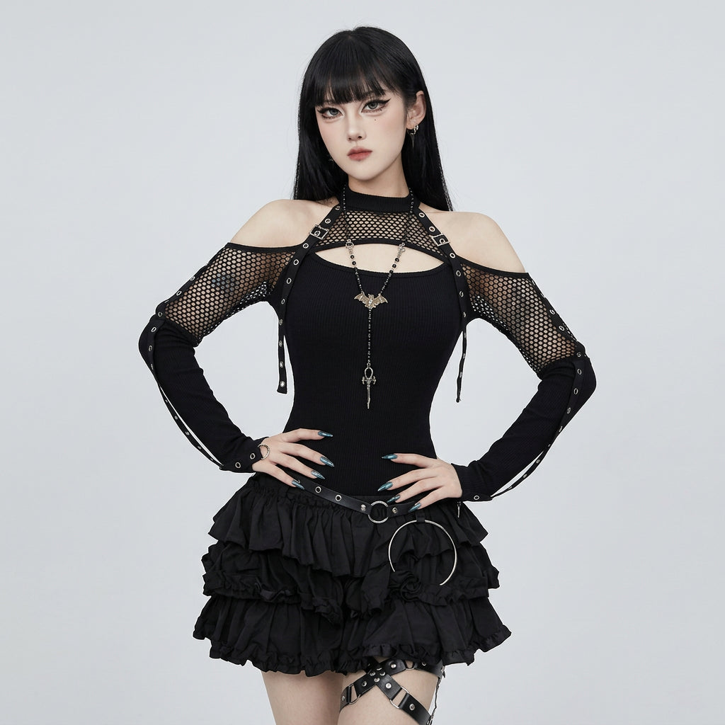 Goth Dark Punk Grunge Fishnet Patchwork Off Shoulder T-shirts Trim Corn Strap Halter Tops Autumn Mall Gothic Streetwear T-shirt