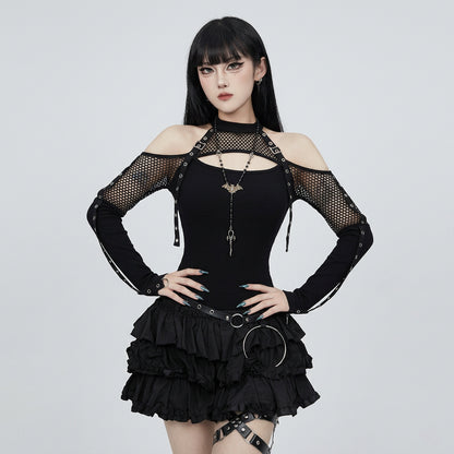 Goth Dark Punk Grunge Fishnet Patchwork Off Shoulder T-shirts Trim Corn Strap Halter Tops Autumn Mall Gothic Streetwear T-shirt