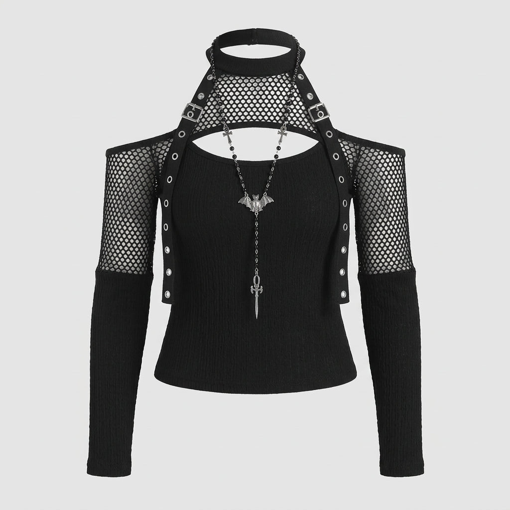 Goth Dark Punk Grunge Fishnet Patchwork Off Shoulder T-shirts Trim Corn Strap Halter Tops Autumn Mall Gothic Streetwear T-shirt