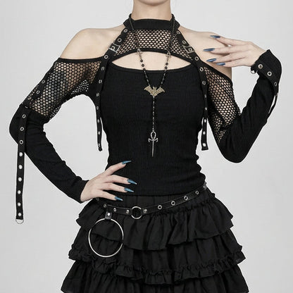 Goth Dark Punk Grunge Fishnet Patchwork Off Shoulder T-shirts Trim Corn Strap Halter Tops Autumn Mall Gothic Streetwear T-shirt
