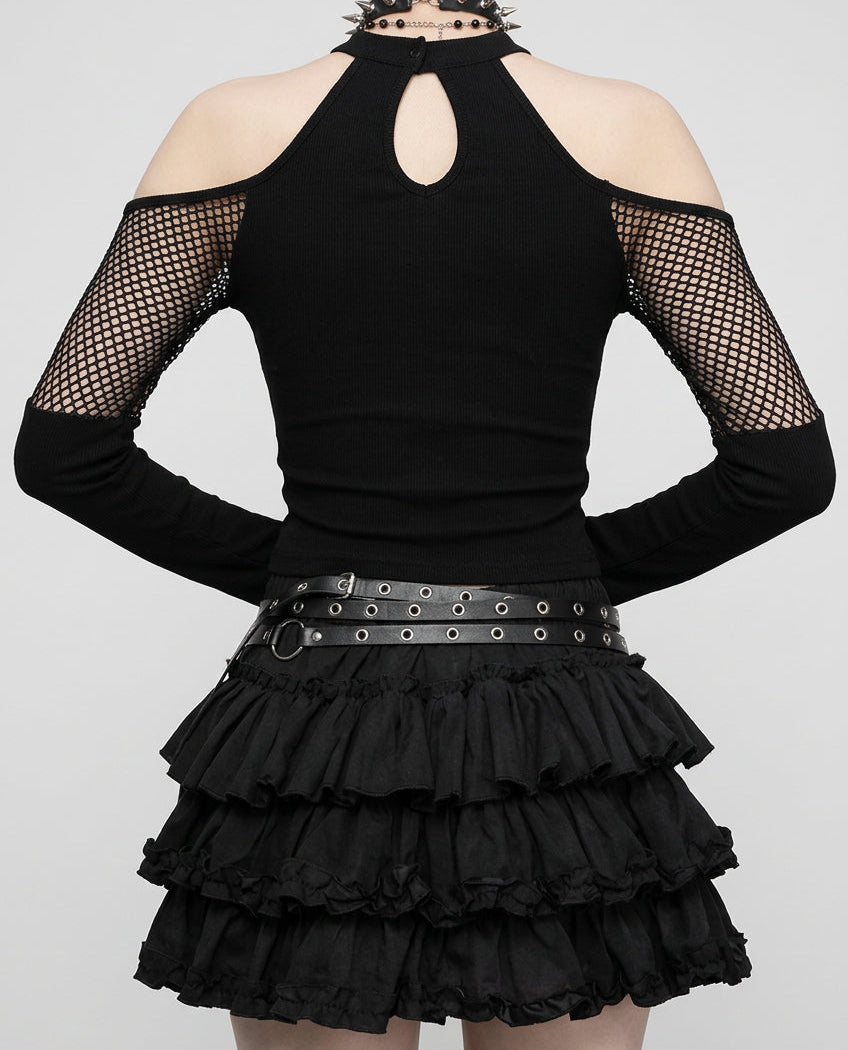 Goth Dark Punk Grunge Fishnet Patchwork Off Shoulder T-shirts Trim Corn Strap Halter Tops Autumn Mall Gothic Streetwear T-shirt