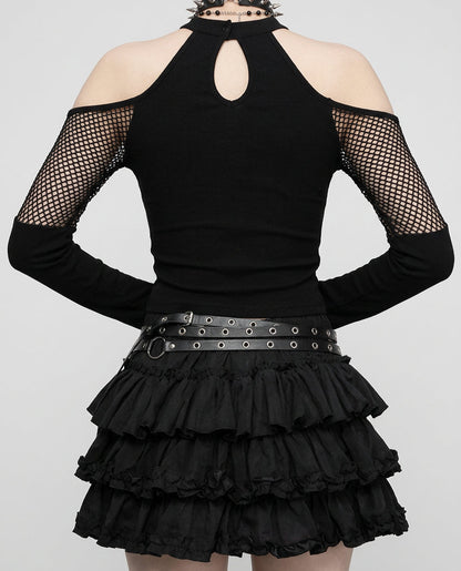 Goth Dark Punk Grunge Fishnet Patchwork Off Shoulder T-shirts Trim Corn Strap Halter Tops Autumn Mall Gothic Streetwear T-shirt