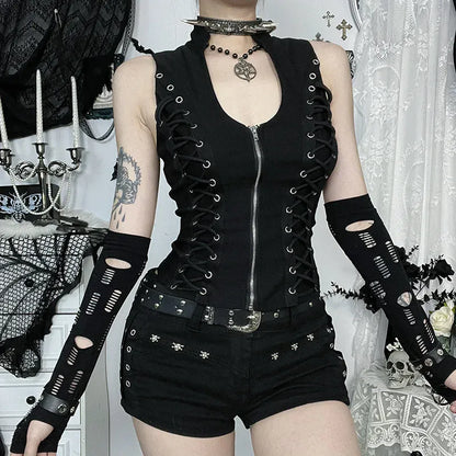 Goth Dark Punk Sleeveless Corn Bandage Vest / Women's Gothic Techwear (Victorious Nocturne Valor Vest)