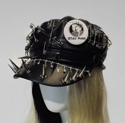 Gothic Punk Vegan Leather Heavy Metal Beret Hat