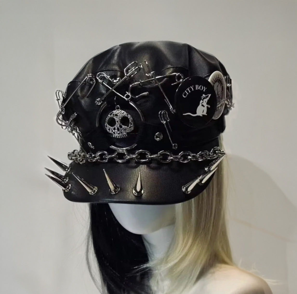 Gothic Punk Vegan Leather Heavy Metal Beret Hat