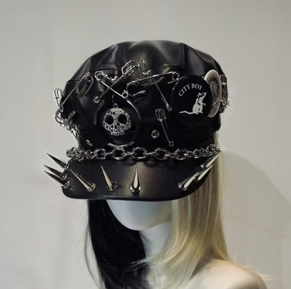 Gothic Punk Vegan Leather Heavy Metal Beret Hat