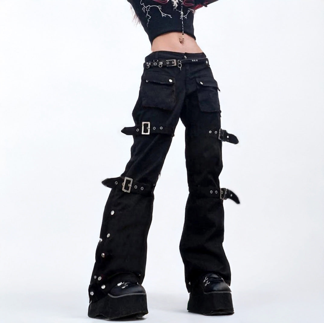Black Goth Cargo Jeans with Multi Pockets Metal Buckle & Belt