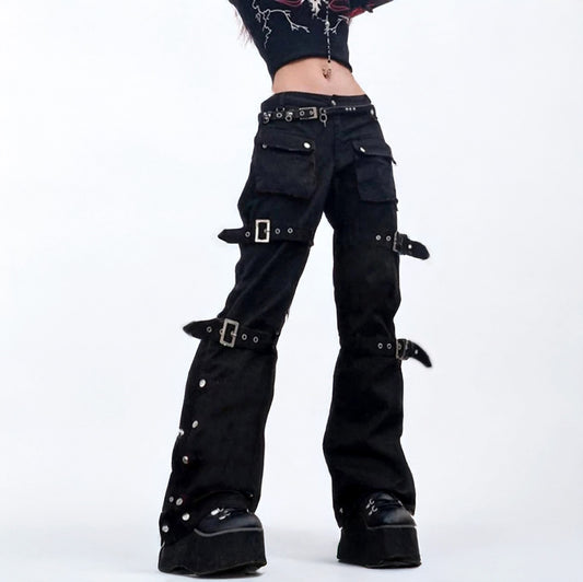 Black Goth Cargo Jeans with Multi Pockets Metal Buckle & Belt