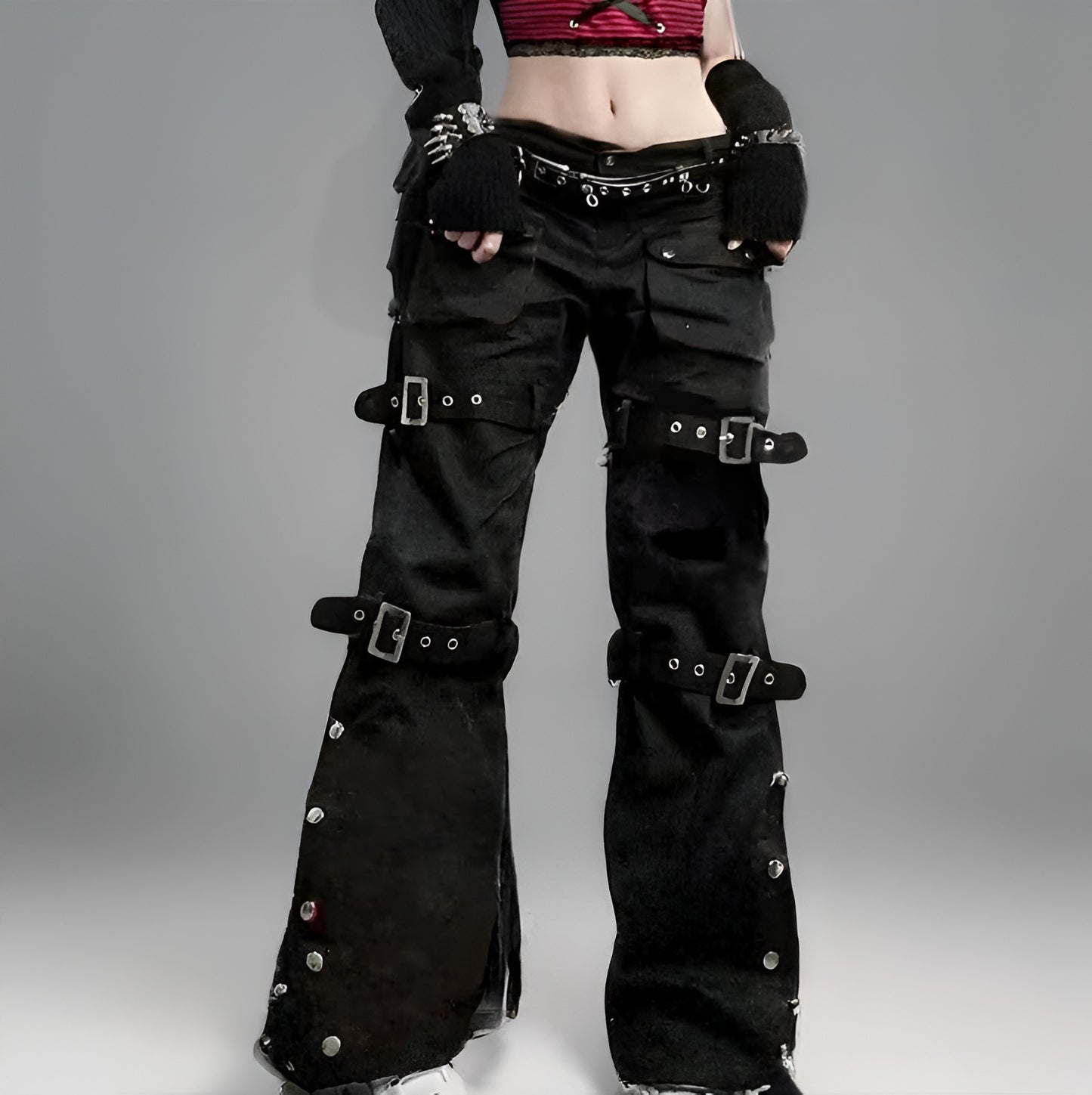Black Goth Cargo Jeans with Multi Pockets Metal Buckle & Belt