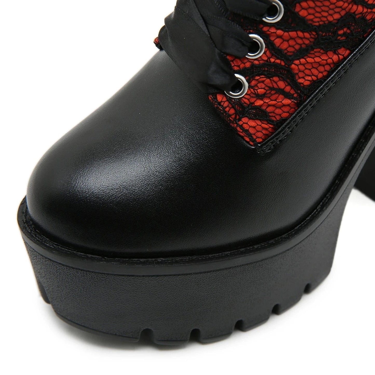 Gothic Lace Patchwork High Heel Ankle Boots for Women / Vintage European Style Zipper Closure Chunky Platform Boots Red