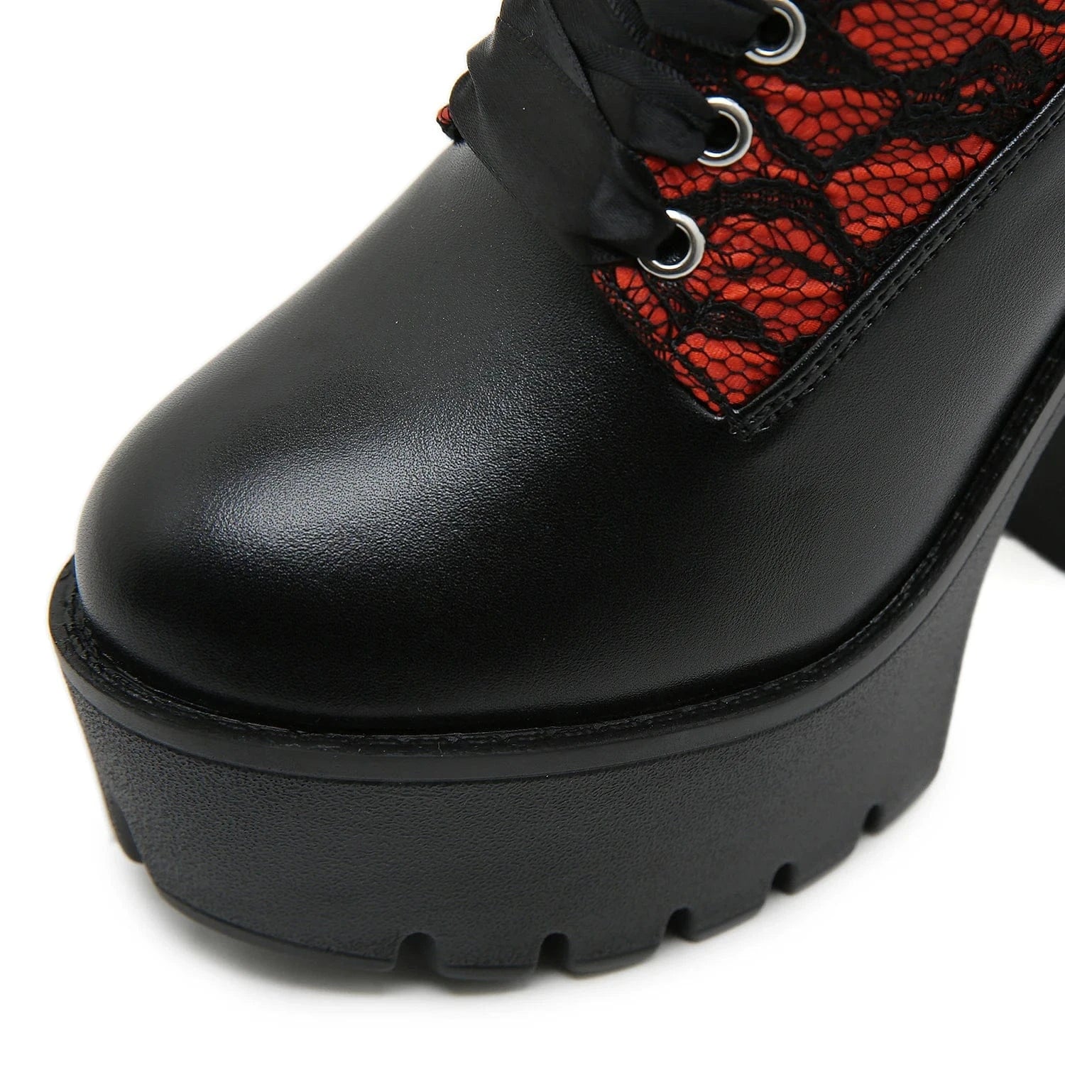 Gothic Lace Patchwork High Heel Ankle Boots for Women / Vintage European Style Zipper Closure Chunky Platform Boots Red