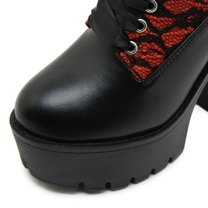 Gothic Lace Patchwork High Heel Ankle Boots for Women / Vintage European Style Zipper Closure Chunky Platform Boots Red