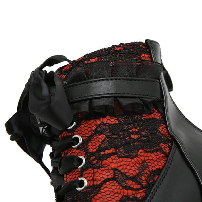 Gothic Lace Patchwork High Heel Ankle Boots for Women / Vintage European Style Zipper Closure Chunky Platform Boots Red
